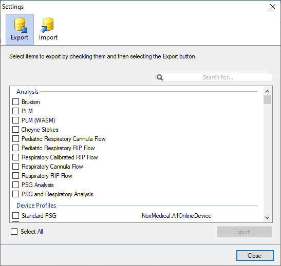 Export selection window for RemLogic recordings. Noxturnal